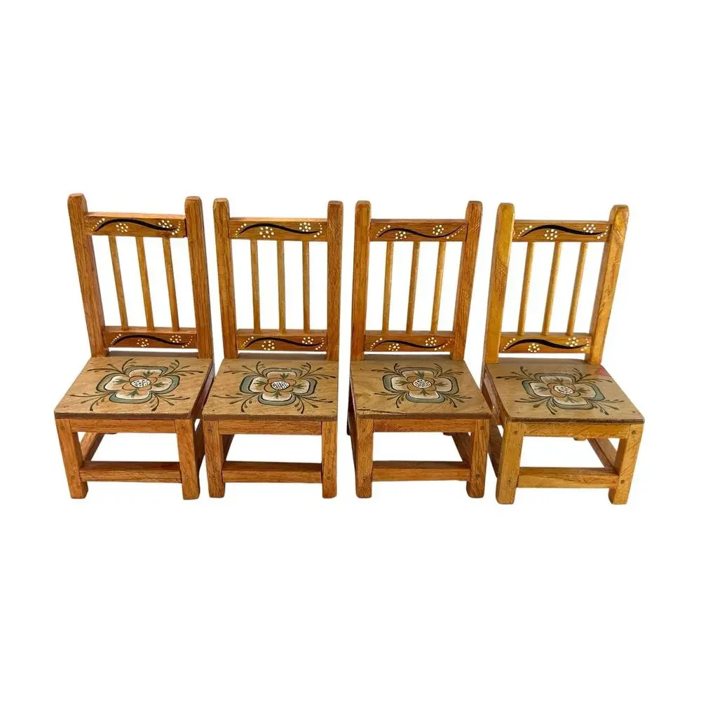Vintage Handmade Hand Painted Folk Art Miniature Doll Table & 4 Chairs Wood Set